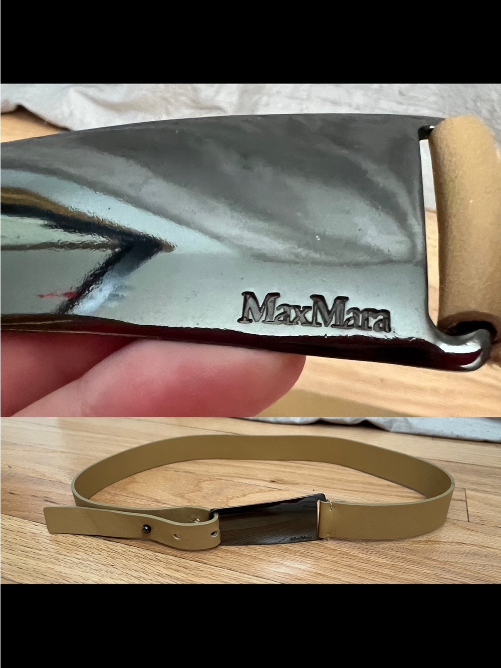 Max Mara beige Leather Belt with Polished logo Buckle XS or S Italy 75 vintage